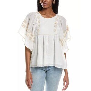Vanessa Bruno Nael Blouse Gold Embroidered Flutter Slv Boho Babydoll‎ Top Sz S
